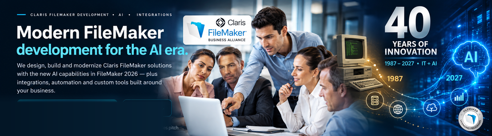 NTI Claris FileMaker development team with 40 years of innovation from 1987 to 2027 and AI technology