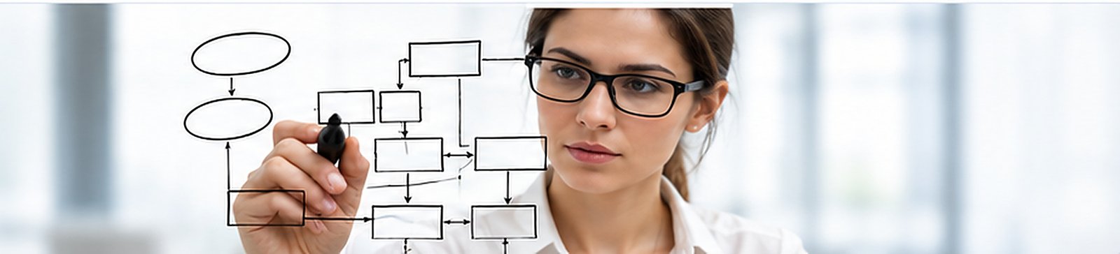 Business analyst drawing a workflow diagram on glass during a FileMaker development planning session